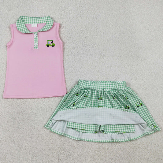 Baby Girls Clothes Embroidery Golf Trucks Button Top Checked Skirt Shorts Clothes Sets GSD3120 1.8
