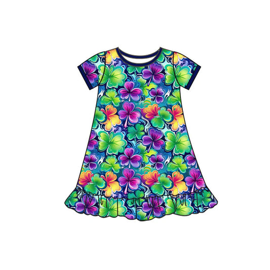 Preorder(moq 5) Baby Girls Short Sleeve Colorful Clovers St Patrick Ruffle Knee Length Dresses 10.4