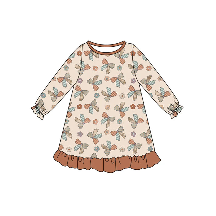 Preorder (moq 5)Baby Girls Long Ruffle Sleeves Khaki Bows Flowers Plaid Knee Length Dresses 6.12