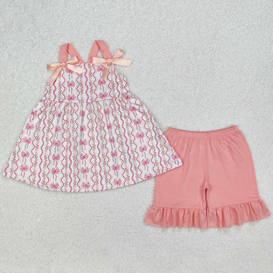 Baby Girls Clothes Pink Flowers Bows Tunic Top Ruffle Shorts Clothes Sets GSSO2094