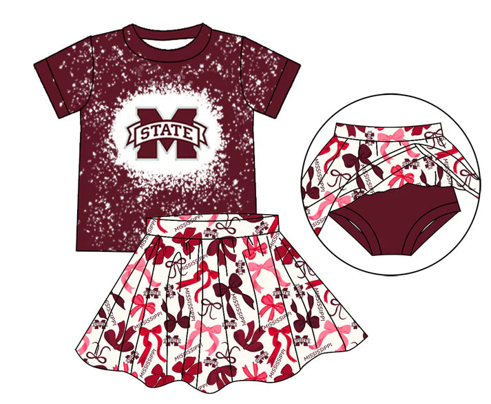 Preorder moq 5 maroon M bleached top bow skirt girls team outfits 8.23
