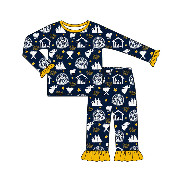 Preorder (moq 5)Baby Girls Black Long Sleeves Stars Nativity Top Pant Pajamas Set 6.19