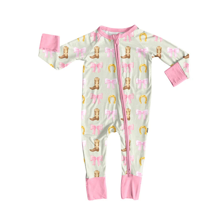 Preorder (moq 5)Baby Girls Long Sleeves Pink Bows Boots Horse Shoes Zipper Romper 7.2