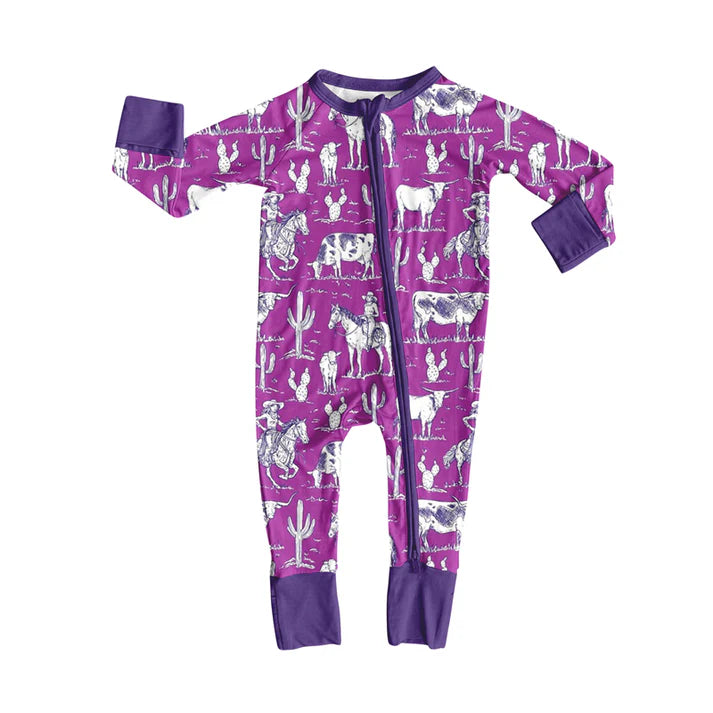 Preorder (moq 5)Baby Boys Cactus Rodeos Cows Western Two Way Zip Convertible Rompers 12.4