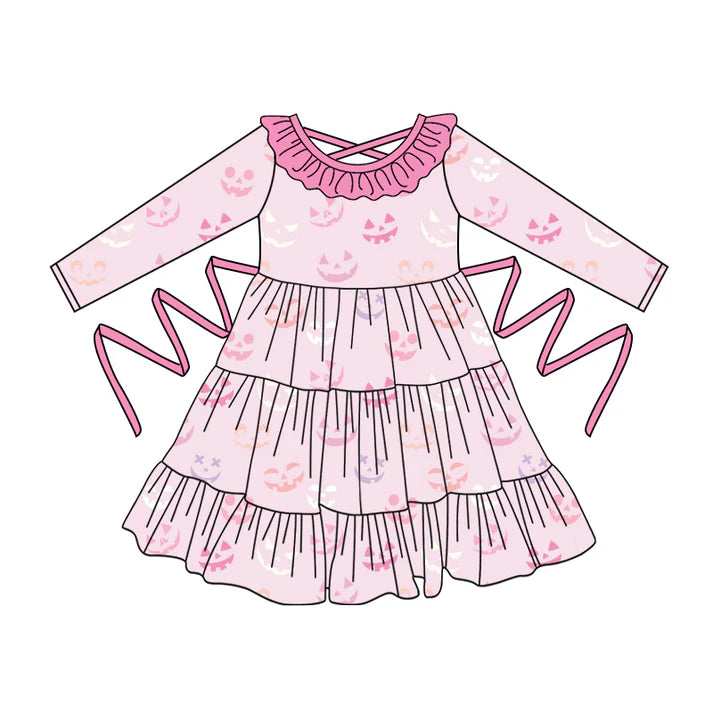 Preorder moq 5 Baby Girls Pink Long Sleeves Ghosts Smiles With Belt Ruffle Knee Length Dresses 5.2