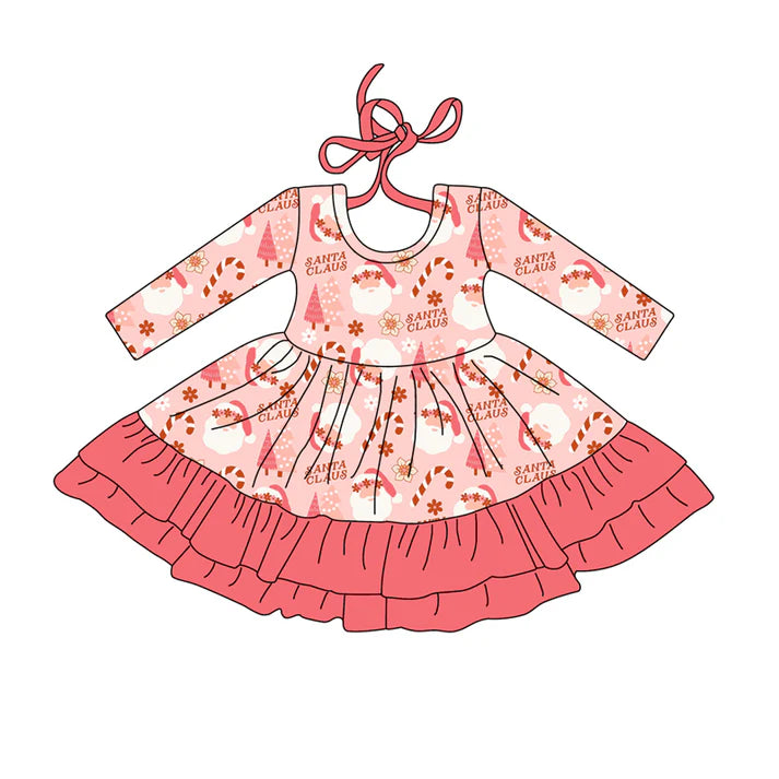 Preorder (moq 5)Baby Girls Long Sleeves Peach Santa Candy Cane Ruffle Knee Length Dress 7.26