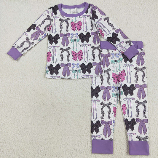 Baby Girls Pajamas Long Sleeves Purple Bows Top Pant Sleepwear Sets GLP2533 7.18
