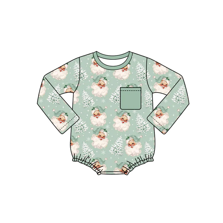 Preorder (moq 5)Baby Girls Green Long Sleeves Pocket Santa Trees Ruffle Rompers 6.4