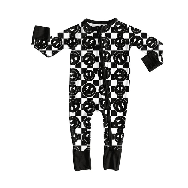 Preorder(moq 5)Baby Infant Boys Western Black Checkered Smiles Zipper Footie Rompers 8.11