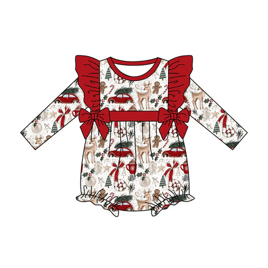 Preorder(moq 5)Baby Girls Deer Gingerbread Trees Bows Ruffle Rompers 7.18
