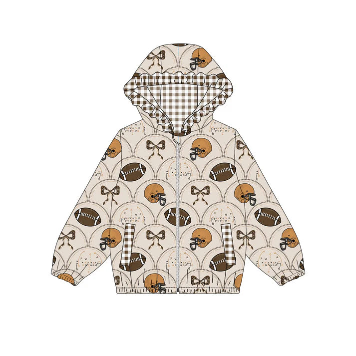 Preorder (moq 5)Baby Girls Footballs Bows Pockets Zipper Team Ruffle Hoodies Top 9.3