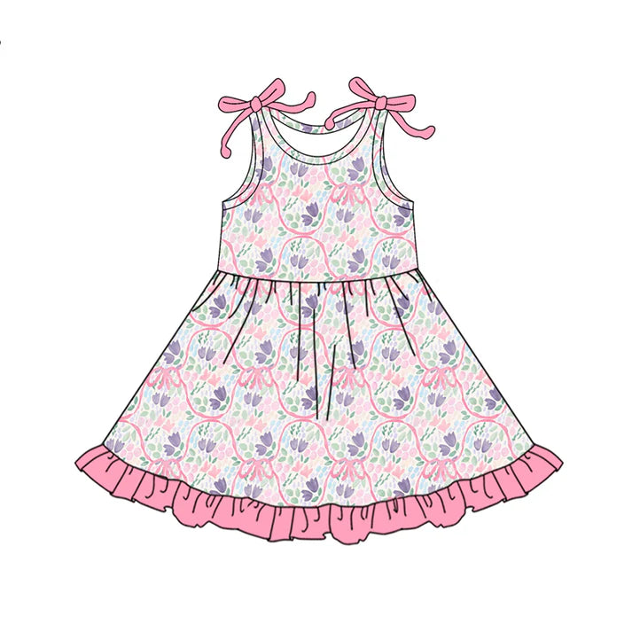 Preorder (moq 5)Baby Girls Bows Sleeveless Pink Lavender Floral Ruffle Knee Length Dresses 6.12