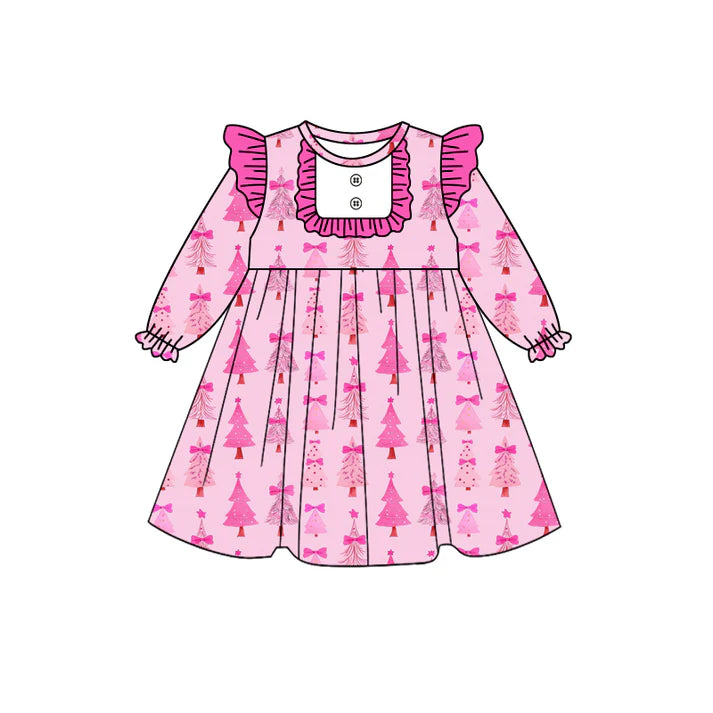 Preorder (moq 5)Baby Girls Christmas Pink Trees Knee Length Dresses 8.12