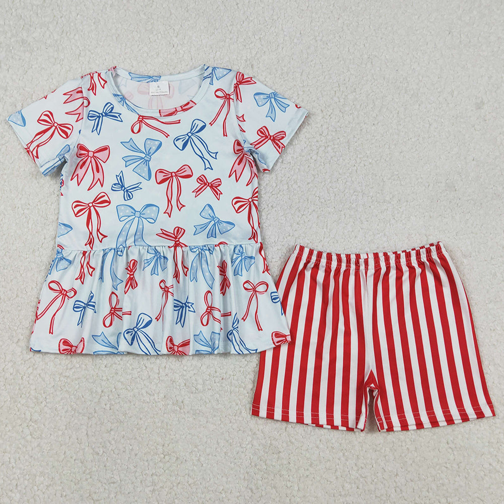 Baby Girls Clothes Red Blue Bows Ruffle Top Stripe Shorts July 4th Clothes Sets GSSO2838 12.8