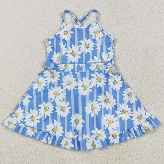 Baby Girls Dress Blue Strap Stripe Floral Yoga Ruffle Knee Length Dresses GSD2283 5.26