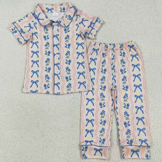 Baby Girls Pajamas Short Sleeves Blue Bows Flower Stripe Top Pants Sleepwear Sets GSPO2050 7.19