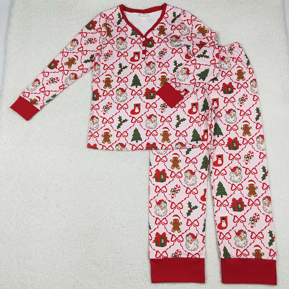 Adult Women Pajamas Red Bows Santa Checked Pant Christmas Pajamas Sets GLP2815 10.13