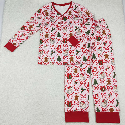 Adult Women Pajamas Red Bows Santa Checked Pant Christmas Pajamas Sets GLP2815 10.13