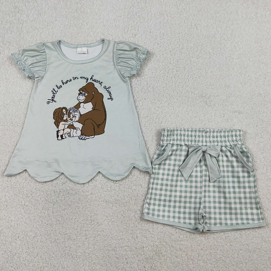 Baby Girls Clothes Cartoon Monkeys Scallop Tunic Checked Pockets Shorts Clothes Sets GSSO2906 1.12