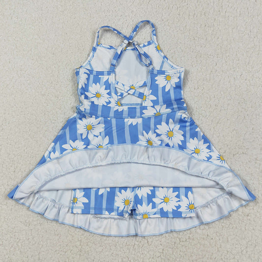 Baby Girls Dress Blue Strap Stripe Floral Yoga Ruffle Knee Length Dresses GSD2283 5.26