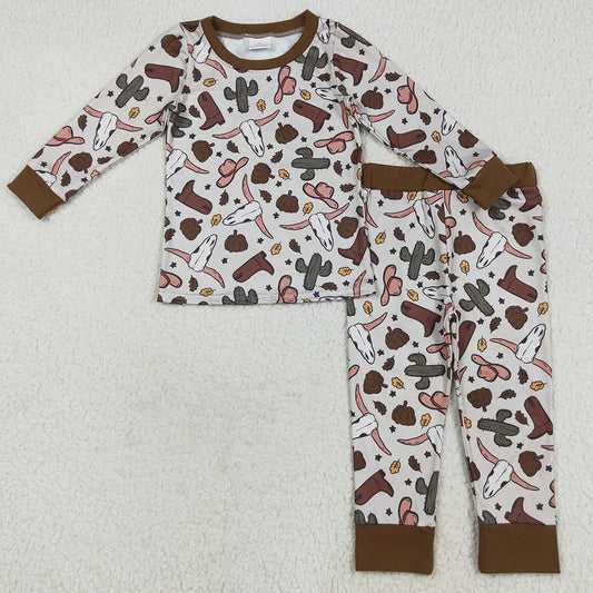 Baby Boys Pajamas Brown Western Bull Skull Cactus Top Pant Pajamas Sets BLP1141 7.19