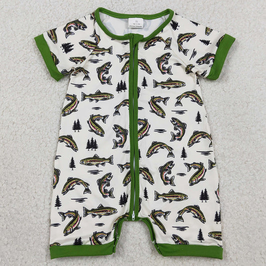 Baby Boys Rompers Green Short Sleeves Fishes Hunting Zipper Rompers SR3095