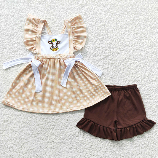 Baby Girls Clothes Western Sunflower Cow Embroidery Tunic Shorts Sets GSSO0233 6.28