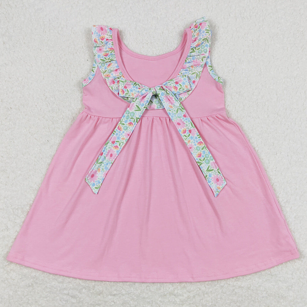 Baby Girls Dress Pink Floral Knee Length Pockets Back Bow Dresses GSD0961