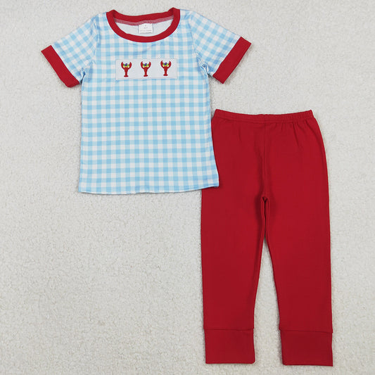 Baby Boys Clothes Embroidery Anchors Crayfishes Checked Leggings Mardi Gras Clothes Sets BSPO0602 11.7