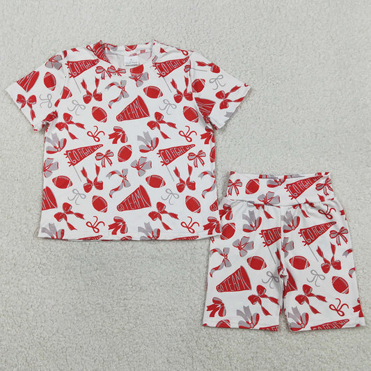 Baby Girls Clothes Red Grey Bow Footballs Top Shorts Go Team Pajamas Clothes Set GSSO2727