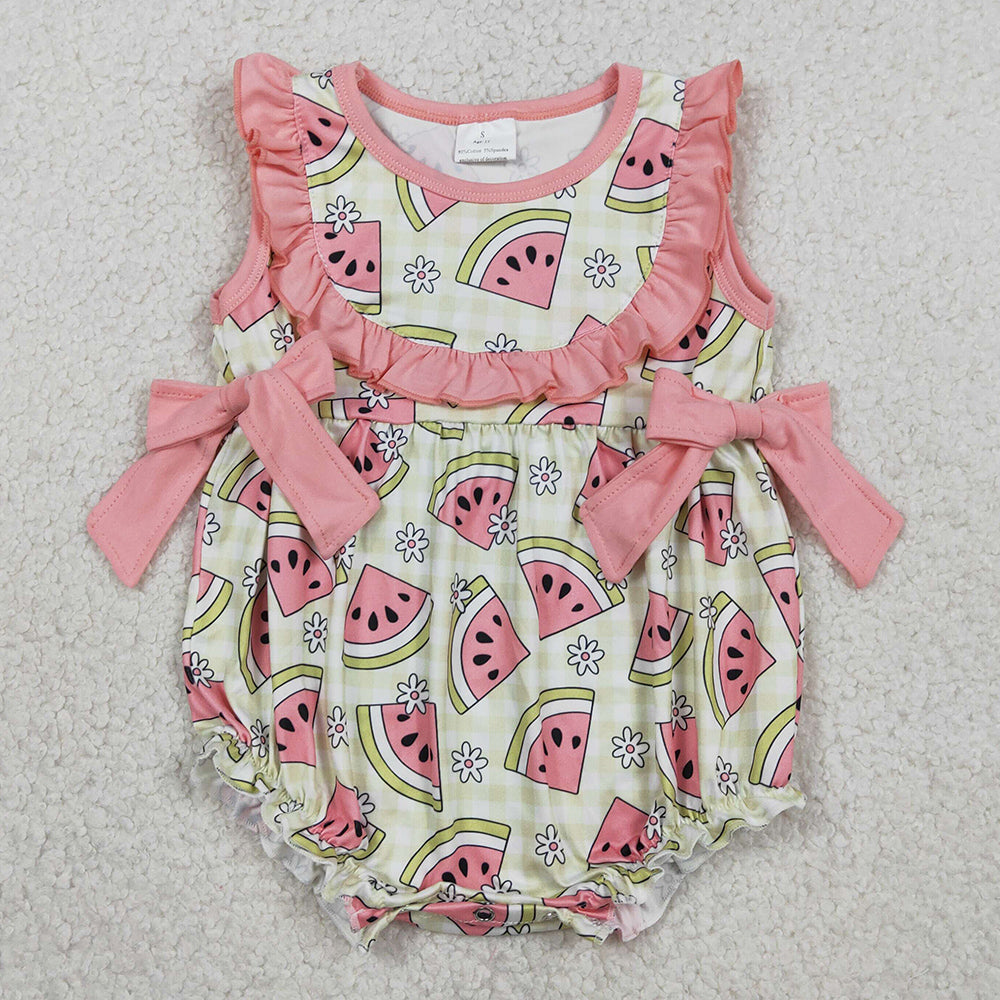 Baby Girls Rompers Sleeveless Green Checked Watermelons Ruffle Rompers SR3920