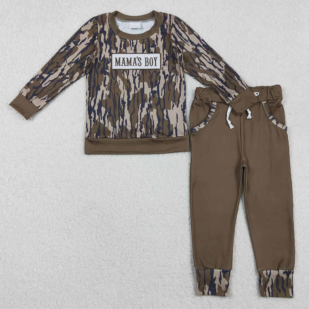 Baby Boys Clothes Embroidery Mama's Boy Olive Camo Top Pockets Jogger Clothes Sets BLP1334 11.6