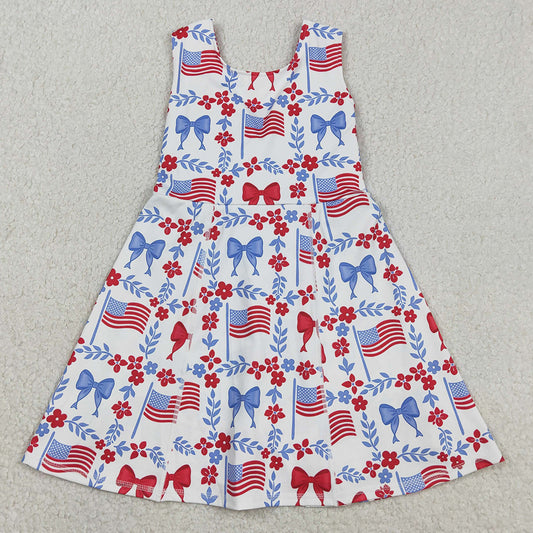 Sibling Baby Girls Flag Flower Bows Checked Pockets Short 4th of July Clothes Set Active Dresses