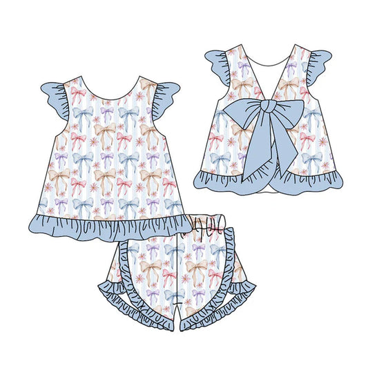 Preorder(moq 5) Baby Girls Colorful Bows Stripe Back Bow Tunic Ruffle Shorts Clothes Sets 11.14
