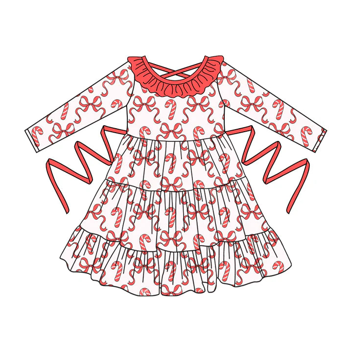 Preorder moq 5 Baby Girls Long Sleeves Red Bows Candy Cane With Belt Ruffle Knee Length Dresses 5.2