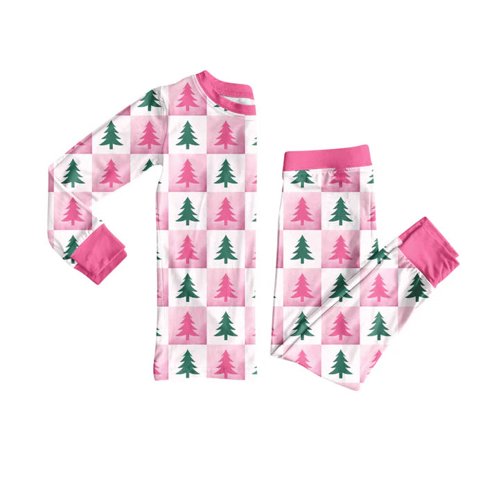 Preorder (moq 5)Baby Girls Long Sleeves Pink Plaid Trees Top Pant Pajamas Set 6.19