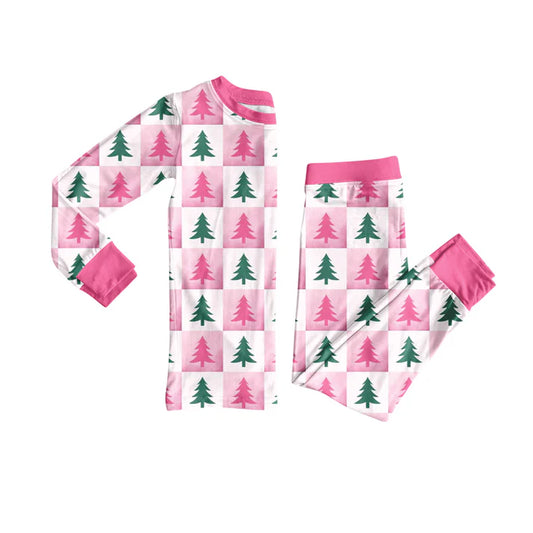 Preorder (moq 5)Baby Girls Long Sleeves Pink Plaid Trees Top Pant Pajamas Set 6.19