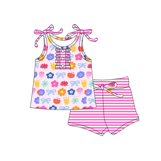 Preorder (moq 5)Baby Girls Pink Strap Button Colorful Floral Bows Tunic Stripe Short Set 5.13