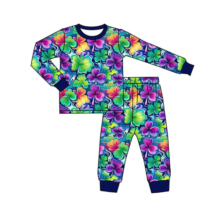 Preorder(moq 5) Baby Girls Colorful Clovers Top Pants St Patrick Pajamas Sets 10.4