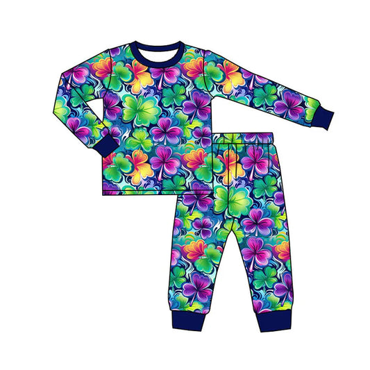Preorder(moq 5) Baby Girls Colorful Clovers Top Pants St Patrick Pajamas Sets 10.4