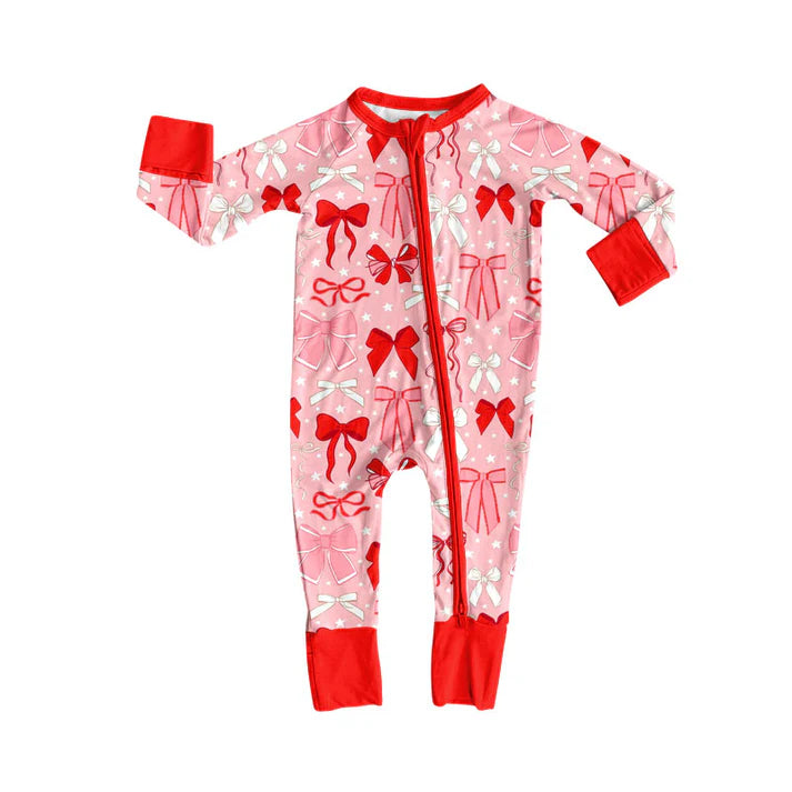 Preorder (moq 5)Baby Girls Pink Bows Stars Valentine Zipper Footie Rompers 9.3