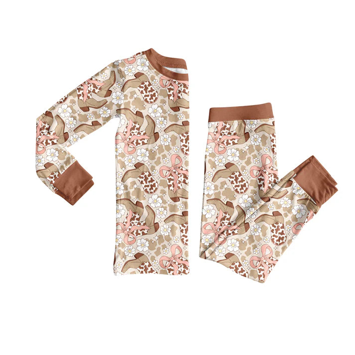 Preorder (moq 5)Baby Girls Long Sleeves Khaki Camo Flower Bows Boots Top Pant Pajamas Set 6.19
