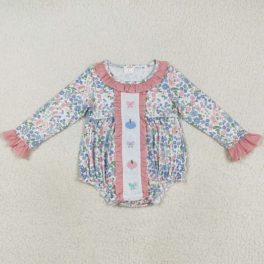 Embroidery Baby Girls Rompers Long Sleeve Floral Bows Pumpkin Ruffle Rompers LR2273 7.18