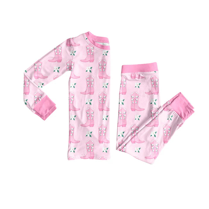 Preorder (moq 5)Baby Girls Long Sleeves Pink Flowers Boots Top Pant Pajamas Set 6.19