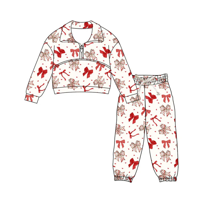 Preorder (moq 5)Baby Girls Pink Hearts Bows Zipper Pullover Pants Valentines Clothes Sets 11.27
