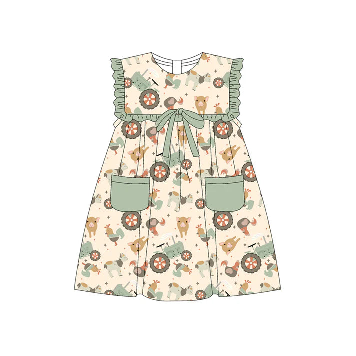 Preorder (moq 5)Baby Girls Green Sleeveless Chicks Pigs Pockets Farm Knee Length Dresses 4.23