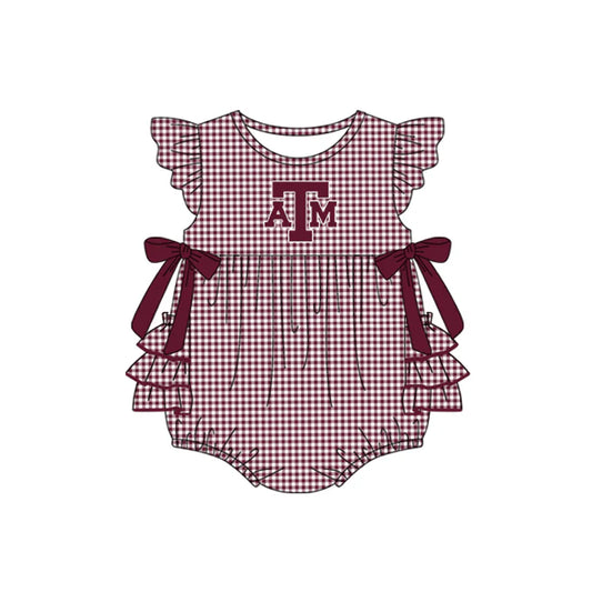 Preorder moq 5 Baby Girls Red Plaid Flutter Sleeves Bows ATM Team Rompers 7.11