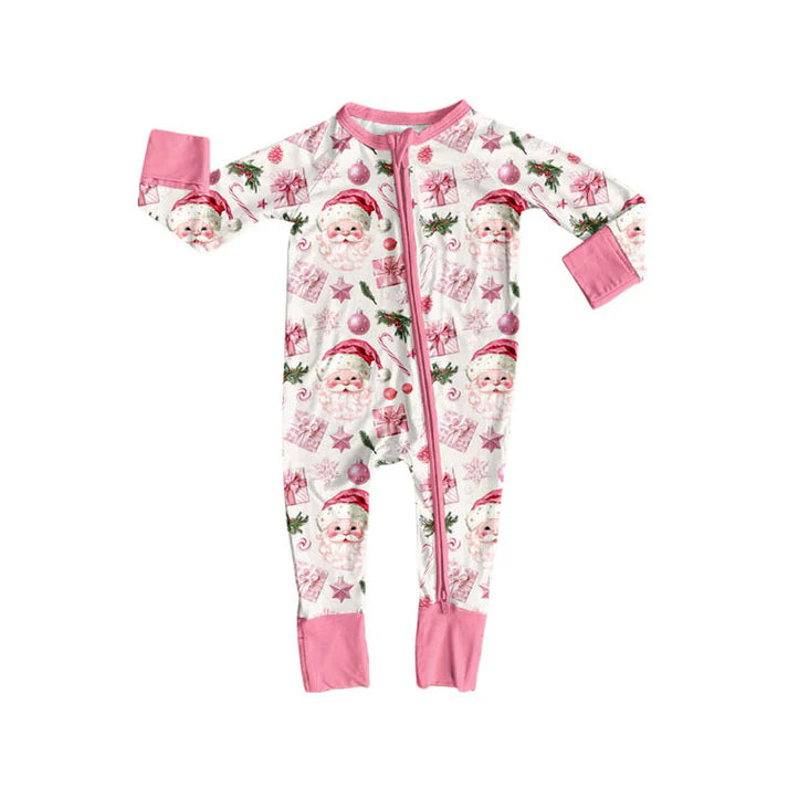 Preorder (moq 8)Baby Girls Pink Santa Lights Christmas Zipper Footie Rompers 9.23