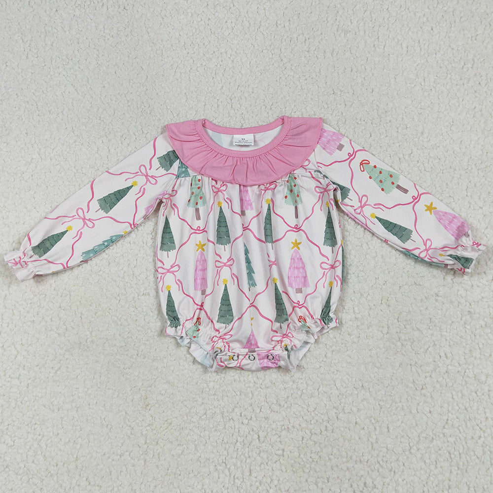 Baby Girls Rompers Long Sleeves Pink Bows Trees Plaid Ruffle Rompers LR2275 6.25