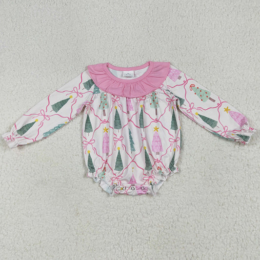 Baby Girls Rompers Long Sleeves Pink Bows Trees Plaid Ruffle Rompers LR2275 6.25